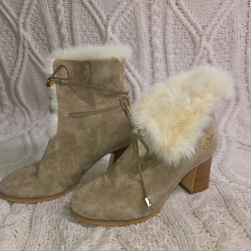 RV Roger Vivier Taupe Suede‎ Leather Fox Fur Lined Ankle Boots Women 36 5.5 6